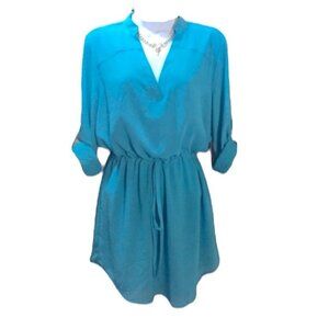 Nicki Minaj Blue Long Sleeve V-Neck Waist Tie Polyester Shift Dress Size Small